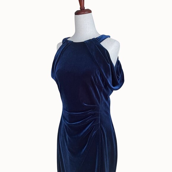 Ralph Lauren Blue Stretch Velvet Off Shoulder Midi Sheath Cocktail Dress Size 8 - Picture 9 of 11